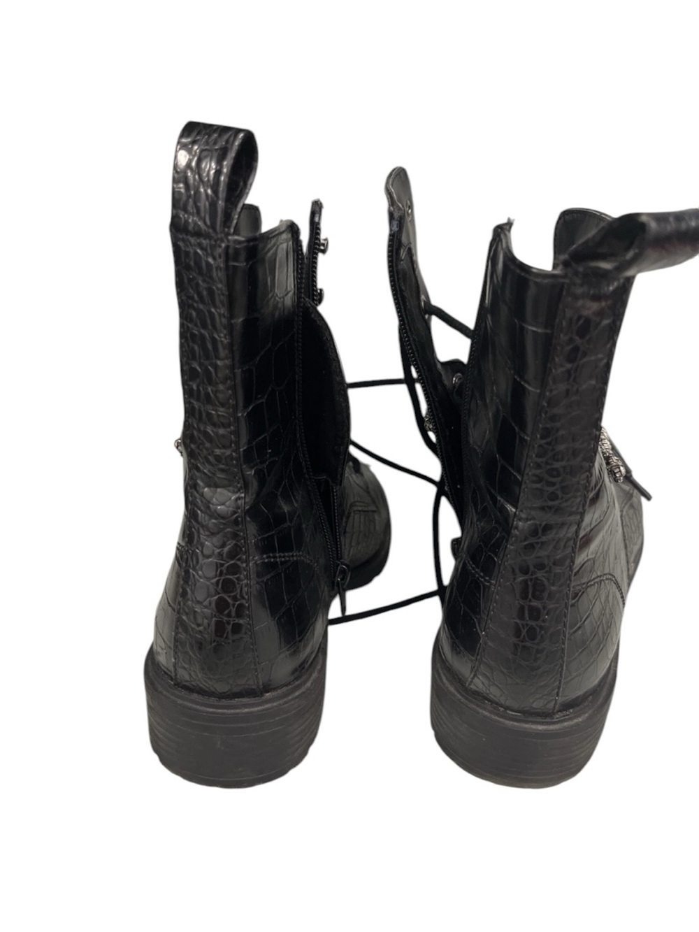 Express Black Croc-Embossed Lace-Up Boots with Rhinestone Strap 9 - Picture 6 of 6
